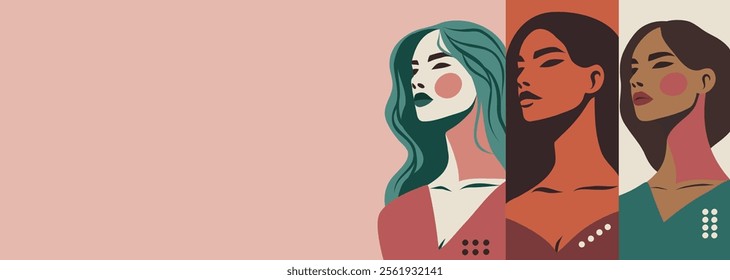 Vector banner with space for text different portraits of women in abstract style. Strong women represent feminism, freedom and equality. Postcard for Women's Day