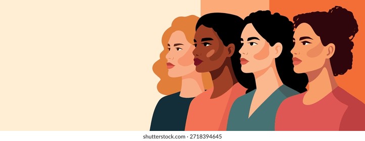 Vector banner with space for text for International Women's Day, March 8. Women of different cultures and skin tones stand together. Gender equality, women's empowerment, feminism, freedom, unity