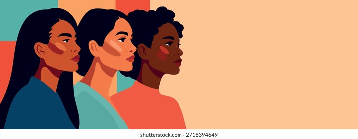 Anuncio de Vector, espacio de texto para el Día Internacional de la Mujer. Mujeres de diferentes culturas y tonos de piel se mantienen unidas. Igualdad de género, empoderamiento de la mujer, feminismo, libertad, unidad. Paleta brillante