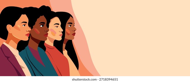 Anuncio de Vector con espacio para texto para el Día Internacional de la Mujer, 8 de marzo. Mujeres de ascendencia europea, africana y asiática se mantienen unidas. Igualdad de género, empoderamiento de la mujer, feminismo, libertad, unidad