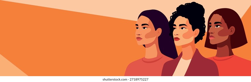 Vector banner with space for text for International Women's Day, March 8. Ethnically diverse women stand together. Gender equality, women's empowerment, feminism, freedom. For women's projects