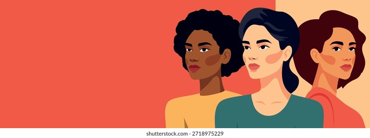 Vector banner with space for text for International Women's Day, March 8. Women of different nationalities together. Gender equality, women's empowerment, feminism, freedom. For social projects