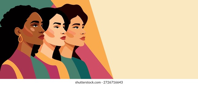 Anuncio de Vector con espacio para texto para el Día Internacional de la Mujer, 8 de marzo. Mujeres libres de diferentes nacionalidades, culturas unidas. Diversidad, feminismo. Movimientos en favor de la igualdad de género y el empoderamiento de la mujer