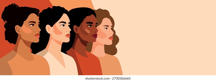Vector banner with space for text for International Women's Day, March 8. Women of different cultures and skin tones stand together. Gender equality, women's empowerment, feminism, freedom, unity