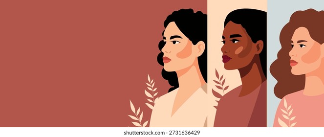 Vektorbanner mit Platz für Text zum Internationalen Frauentag, 8. März. Frauen verschiedener Kulturen und Hautfarben stehen auf floralem Hintergrund zusammen. Gleichstellung der Geschlechter, Stärkung der Rolle der Frau, Feminismus, Freiheit