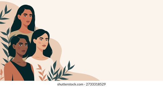 Vector banner with space for text, women of different ethnicities standing together, floral backdrop. Equality, freedom, women's empowerment. For women's support, mental health, Women's Day, March 8th