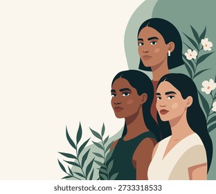 Anuncio de Vector con espacio para texto. Las mujeres de diferentes culturas, la piel se mantienen unidas. Igualdad, libertad, empoderamiento. Uso para proyectos dedicados a la salud y el bienestar, Asistencia de la mujer, 8 de marzo, Día de la Mujer