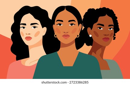 Banner vetorial com espaço para texto para o Dia da Mulher, 8 de março. Mulheres de diferentes nacionalidades, etnias, culturas e cores de pele. Um símbolo de unidade, diversidade e emancipação das mulheres