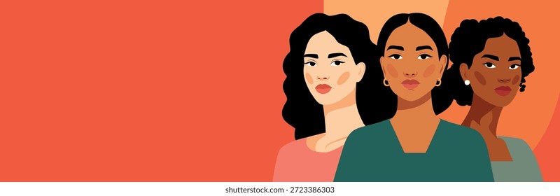 Anuncio de Vector con espacio para texto para el Día de la Mujer, 8 de marzo. Mujeres de diferentes nacionalidades, tonos de piel juntos. Unidad de símbolos, diversidad, igualdad de género, empoderamiento de las mujeres, feminismo, libertad