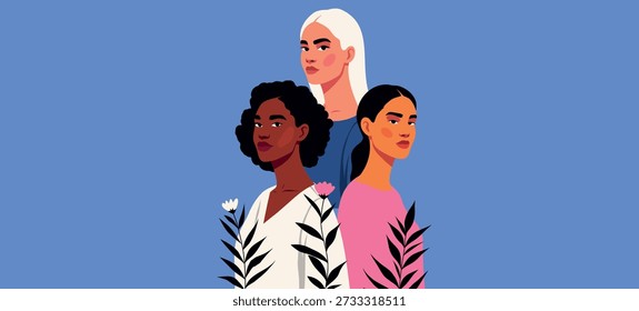 Anuncio de Vector con espacio para texto para el Día de la Mujer, 8 de marzo. Mujeres de diferentes culturas, nacionalidades se mantienen unidas. Feminismo, igualdad de género, empoderamiento de la mujer. Libertad de símbolo de fondo azul celeste