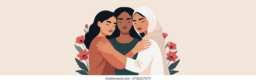 Vector banner with space for text for Women's Day, March 8. Women of different cultures and skin colors embrace each other surrounded by flowers. Movement for gender equality, women's empowerment