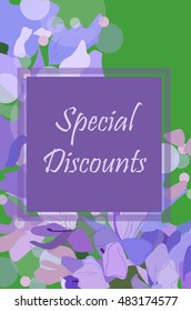 Vector banner special discounts on a floral background. Lilacs
