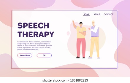 Vector banner of Speech Therapy concept. Two guys talking and smiling. Men communicate animatedly. Speech therapist, language therapy, logopedic treatment session. Character illustration landing page