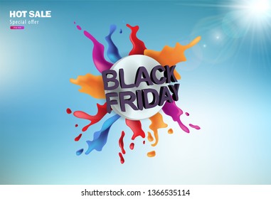 Vector banner splashes of colored liquid and the inscription black Friday