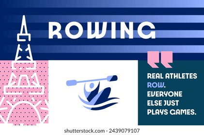 Vector banner with sports symbol and icon of a rower holding oars above his head. Famous quote about rowers. Rowing poster with rower, quote