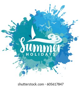 Vector banner with spots and splashes with sea waves and surfer and the inscription summer holidays