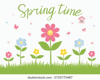 Vector banner of spring awakening. Bright flowers, fluttering butterflies, and a cozy birdhouse. A symbol of new life and joy in nature with the inscription Springtime