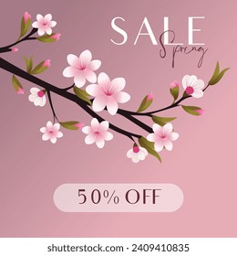 Venta de resorte de pancarta vectorial, 50% OFF. Publicidad de diseño creativo con una rama sakura floreciente.
