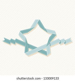 Vector banner with star made from blue paper ribbon. Simple graphic background with text box. Original illustration with drawing retro design element of label, mark of quality, greeting card of winner