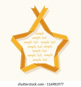 Vector banner with star made from gold paper ribbon. Origami modern simple background with text box for presentation. Original drawing design element label, mark of quality, greeting card of winner