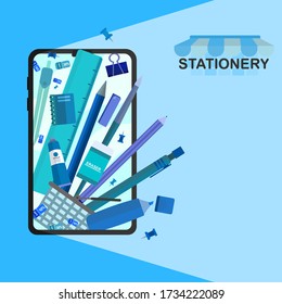 A vector banner of stationery online store on mobile phone, office supplies, school object.