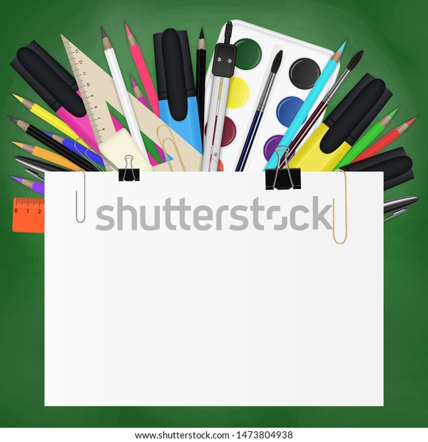 Vector banner with stationery, school supplies on a\
green background. EPS\
10