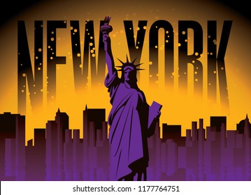 Vector banner with statue of Liberty among the skyscrapers of New York on the night sky background. American landmark