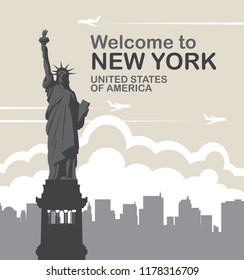 Vector banner with Statue of liberty, flying planes and silhouettes of skyscrapers. Welcome to New York, United States of America