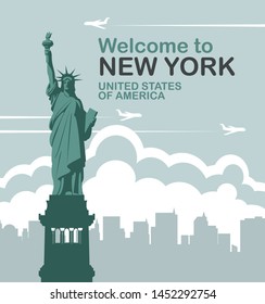 Vector banner with Statue of liberty, flying planes and silhouettes of skyscrapers. Welcome to New York, United States of America	