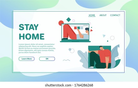 Vector banner of stay home concept. Smiling man lying inside laptop screen, fills rectangle form. Character illustration of quarantine, safety isolation, remote work, freelance, online business
