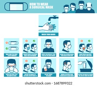 Vector banner of a step by step instruction of how correctly to wear a surgical mask during viral infection outbreak to prevent disease spreading 