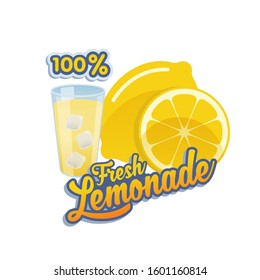Vector, banner or sticker for 100% fresh lemonade with glass and icecube
