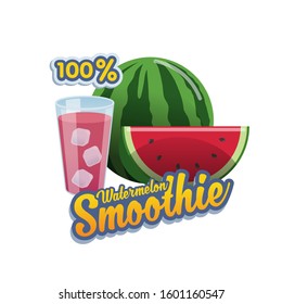 Vector, banner or sticker for 100% watermelon smoothie with glass and icecube
