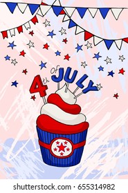 Vector banner with stripes, stars, celebratory cupcake. US Independence Day Postcards. Fourth of July.