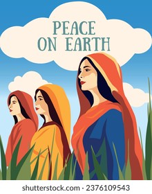 Vector banner of strong mothers women of Israel standing together in a field against a blue sky. Freedom, world peace, strong people. Vector concept for independence and unity without war. Women's Day