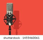 Vector banner with studio microphone on the red background in realistic style. Professional sound recording equipment. Suitable for banner, flyer, ad, poster, invitation to karaoke party