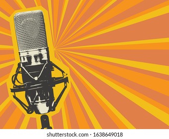 Vector banner with studio microphone on the retro background in realistic style. Suitable for banner, flyer, poster, invitation to karaoke party