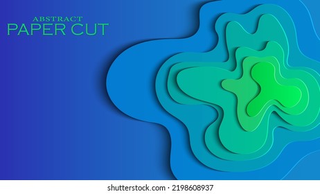 Vector banner in the style of cut paper. 3D abstract background with blue and green cut lines. Futuristic relief. Modern background for branding, covers, presentations, posters, covers.