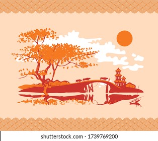 Vector banner in the style of Japanese and Chinese watercolors in brown and orange colors. Decorative landscape with a pagoda, bridge and herd of cows.