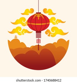 Vector banner in the style of Japanese and Chinese watercolors. Decorative illustration with a red paper lantern against a background of high mountains and golden curly clouds