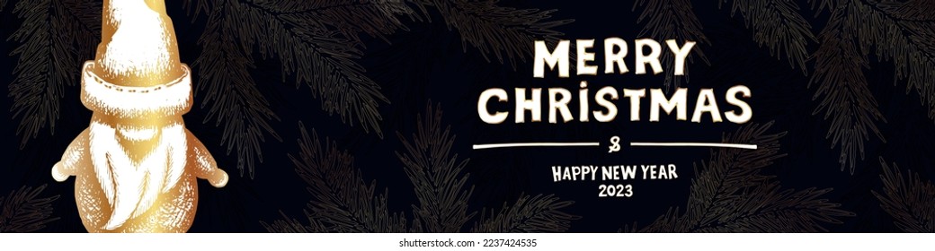 Vector banner with stylized drawings of gnomes and a congratulatory inscription. Merry Christmas and Happy New Year 2023. Website header banner