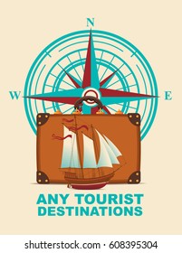 Vector banner with a suitcase, sailboat on a tourist theme against the backdrop of the compass Windrose