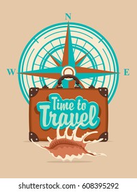 Vector banner with a suitcase, seashell on a tourist theme against the backdrop of the compass Windrose, the inscriptions time to travel