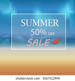 vector banner summer discount in a frame on the beach with sea and sand with text for poster stores of sale, Eps10