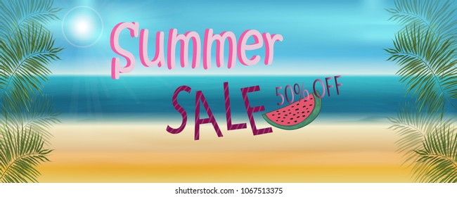 vector banner summer discount on the beach with sea and sand with text branches of palm trees and slices of watermelon for poster stores of sale, eps 10