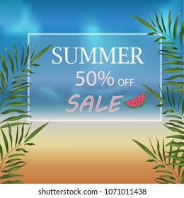 vector banner summer discount on the beach with sea and sand with text branches of palm trees and slices of watermelon for poster stores of sale, eps 10