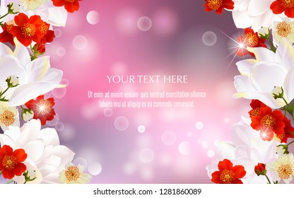 Vector banner with summer flowers for invitation, sales, packaging, natural cosmetics, perfume. Space for text.