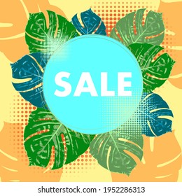 Vector banner Summer green tropical flyer design with monstera palm leaves and leopard spots. Copy Space