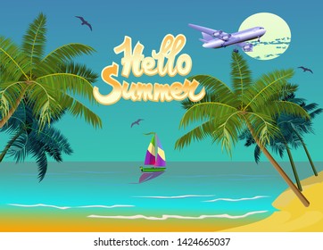 Vector Banner Summer Holidays and Travel Design. The inscription Hello summer, a floating boat, a flying plane on the background of the moon.