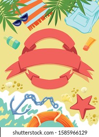 Vector Banner Summer Holidays and Travel Design. The inscription Hello summer, a floating boat, a flying plane on the background